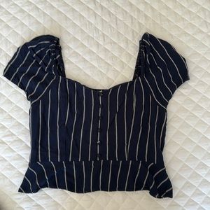 American Eagle navy and white striped peplum corset button front top.
